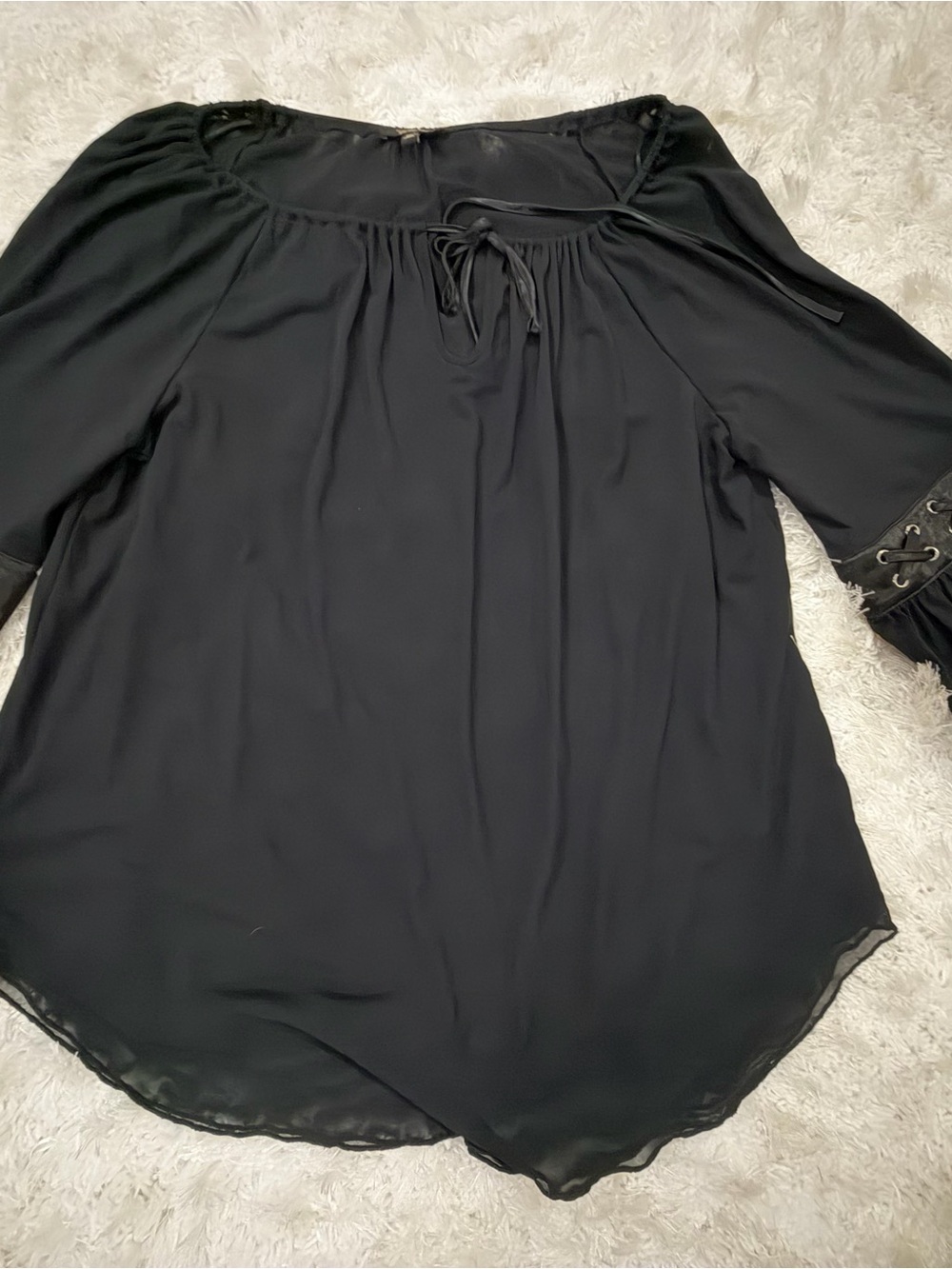 Cupio Black Peasant Blouse with Lace-Up Sleeve Detail